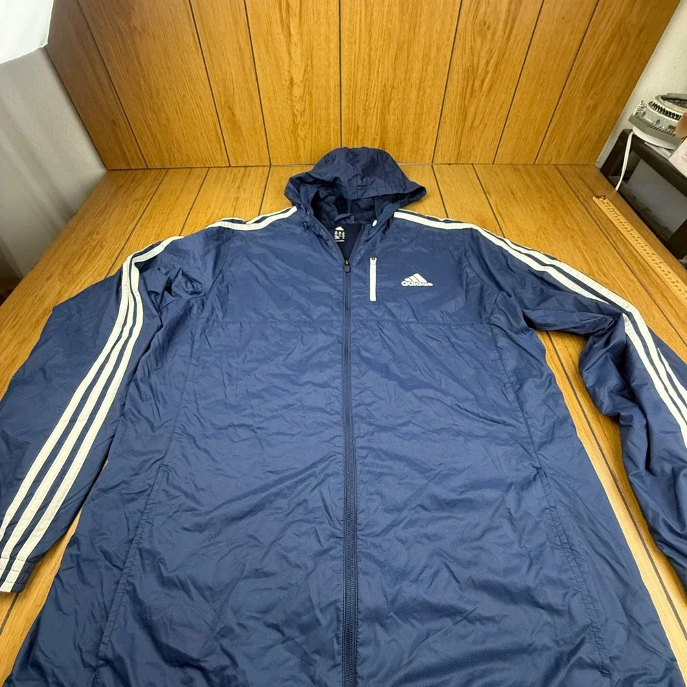 Adidas Mens Navy Blue 3-Stripe Hooded Windbreaker Jacket Mesh Lined‎ XLT